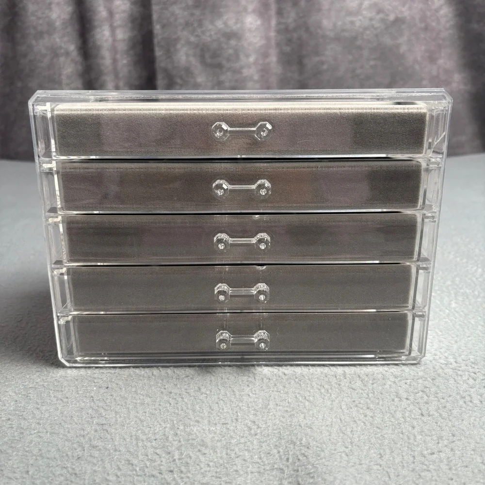 Acrylic Jewelry Organizer 5 Drawer Clear Velvet Lined Storage Box Grey Inserts